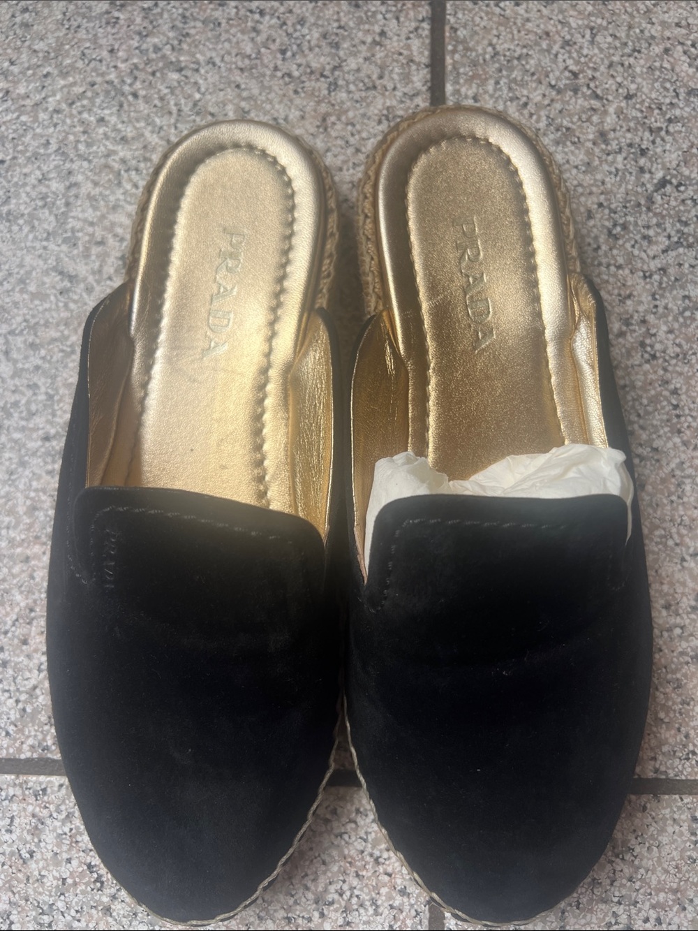 Prada Black Velvet Mules with Gold Metallic Insole